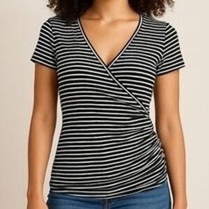 Vintage Cache Made in USA Black Silver Striped V-Neck Top Size XS